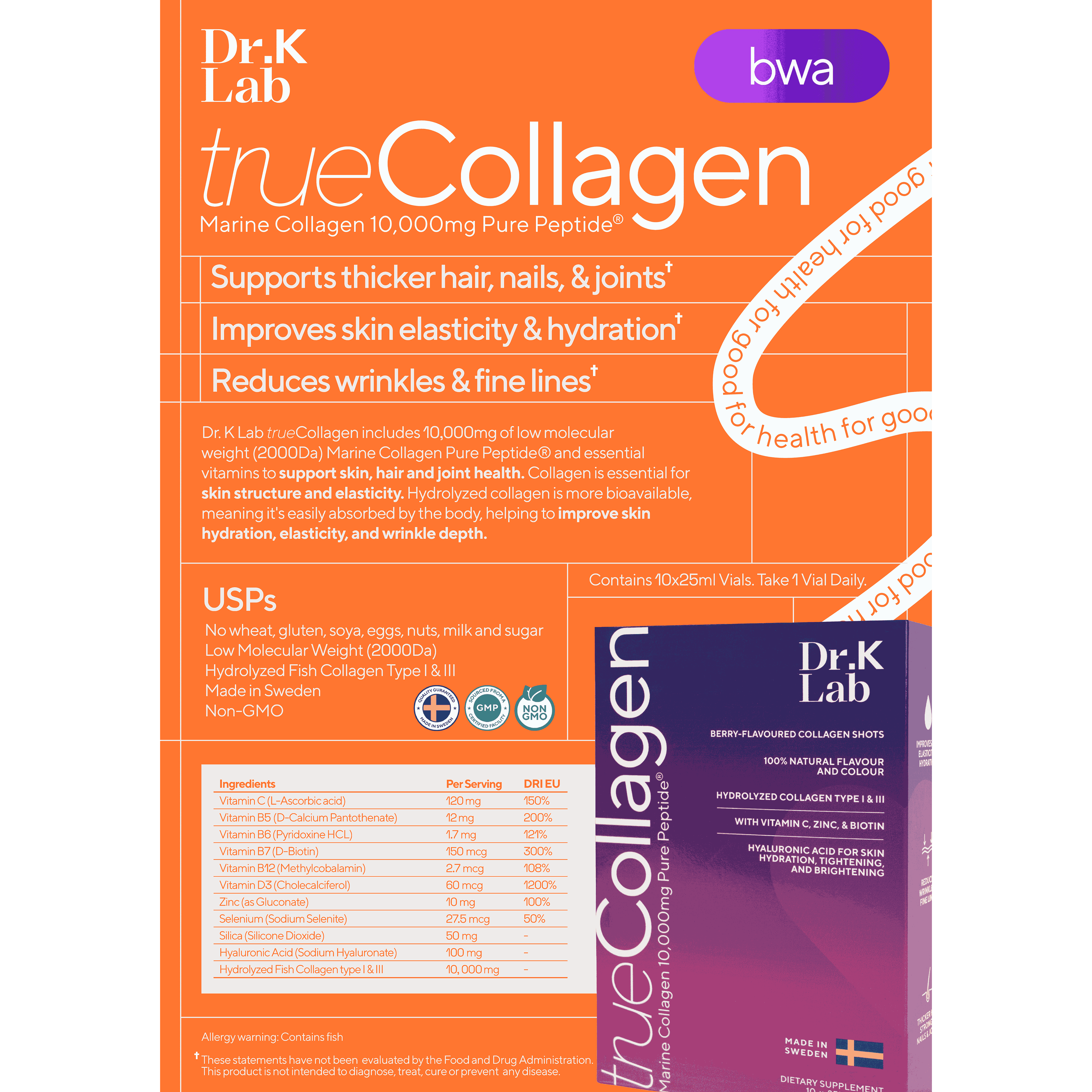 Dr. K Lab Marine Collagen 10,000mg Pure Peptide® Berry Flavor 25 ml x 10 vials Low Molecular Weight 2000 Da